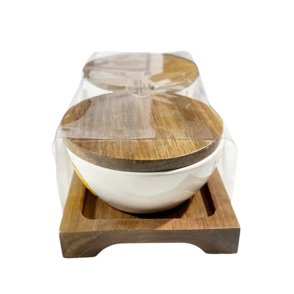 NEW Rae Dunn HARVEST & BLESSED PINCH BOWL SET with Wooden Lid and Serving Tray - Picture 3 of 4
